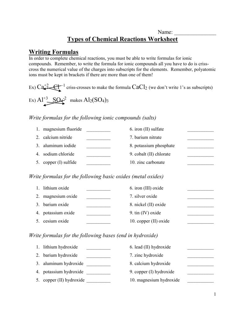 Types Of Chemical Reactions Worksheet Db excel