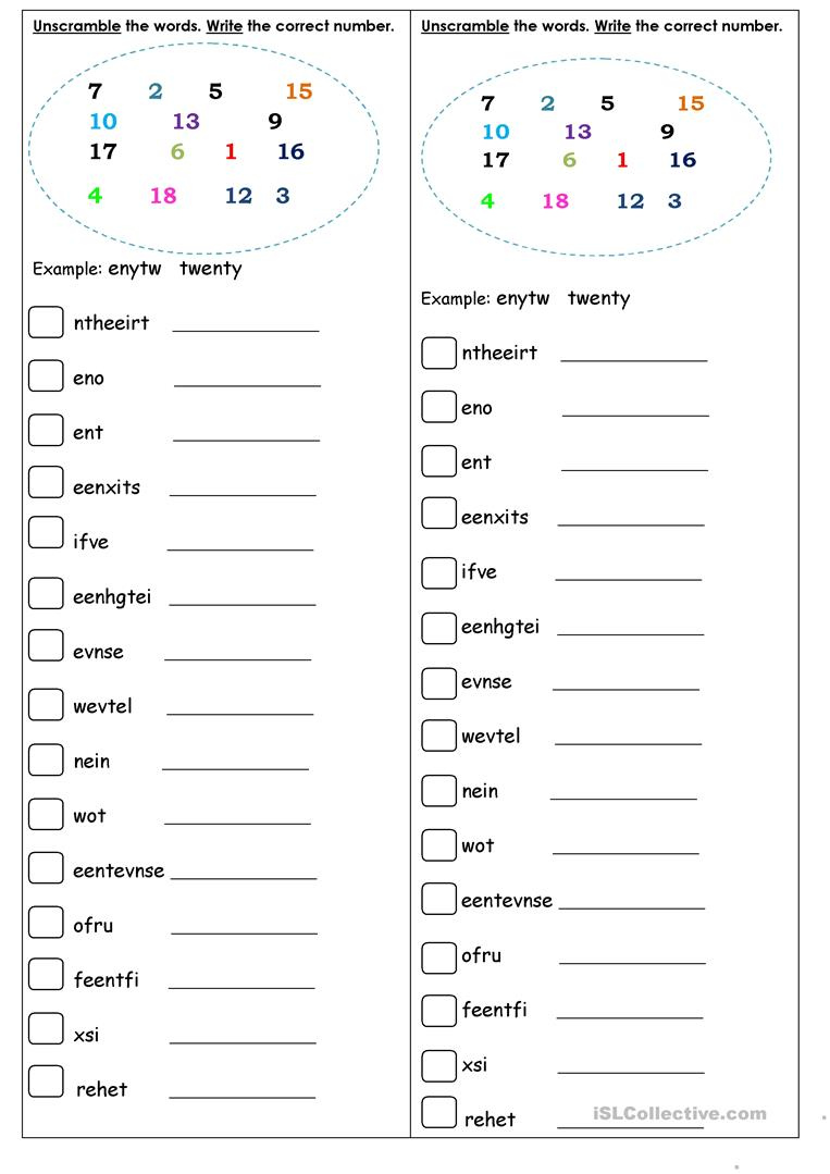 Unscramble The Words And Write The Correct Number English ESL 