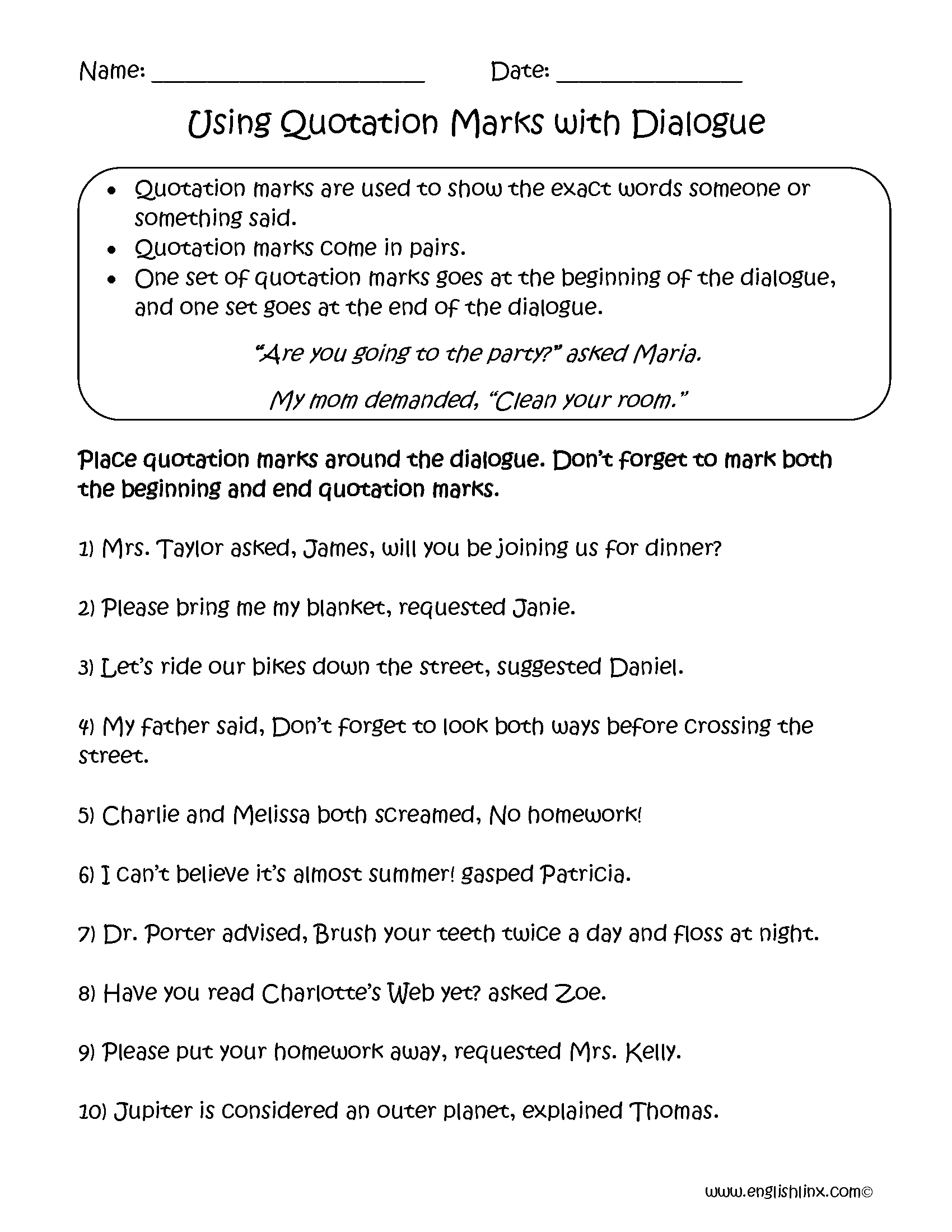 Using Quotation Marks With Dialogue Worksheets Writing Worksheets 