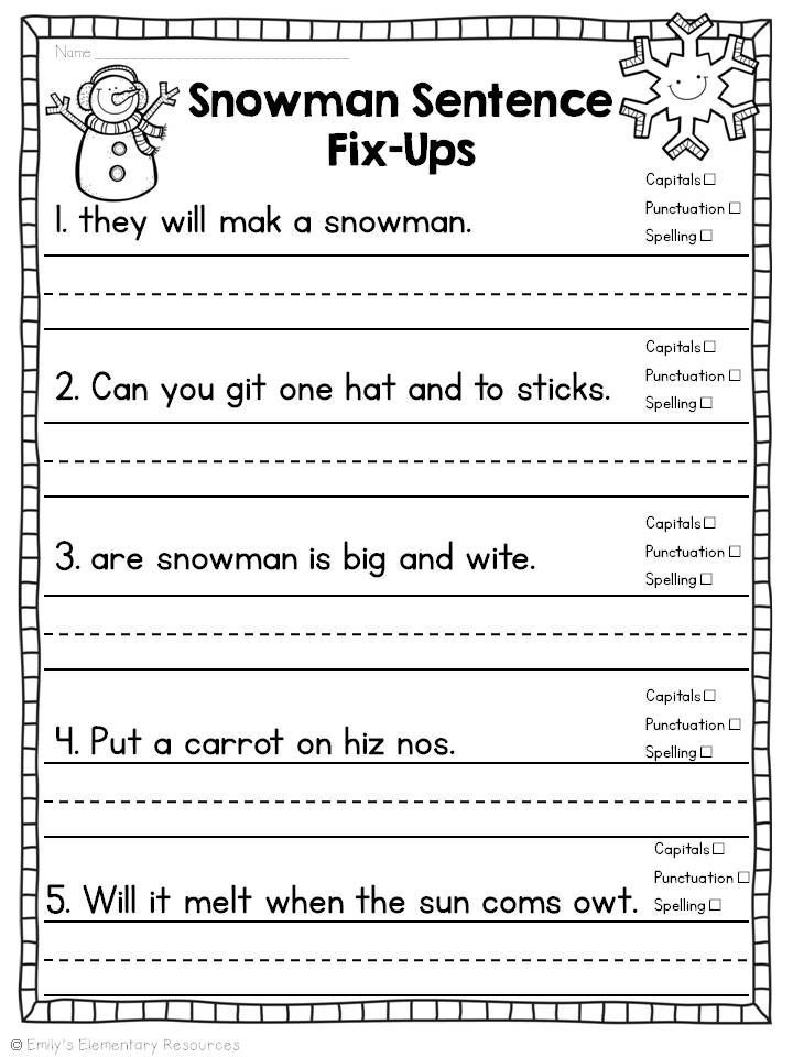 Winter snowman ELA And Writing Printables First Grade Writing 