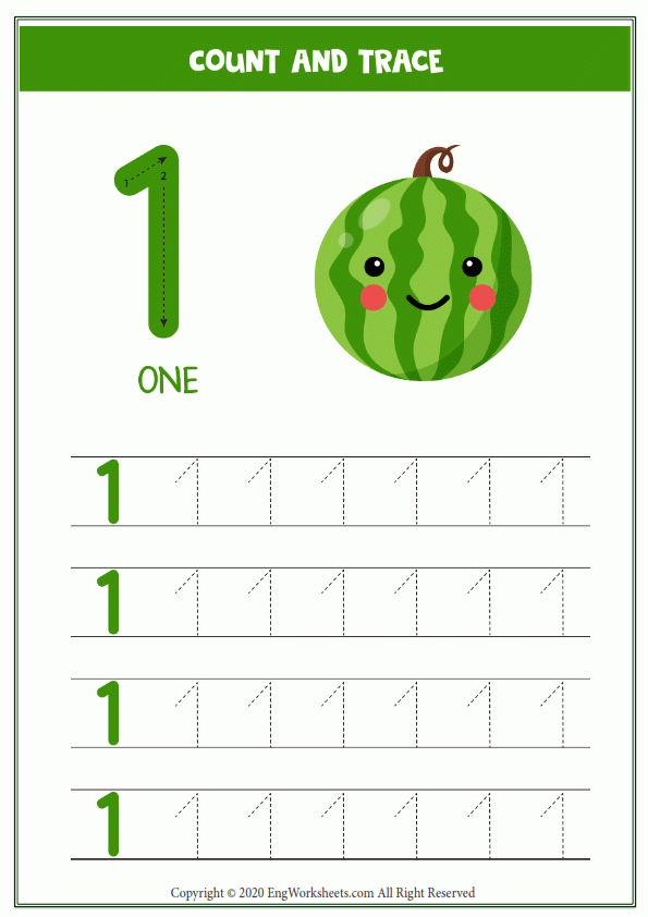 Worksheet Kids One Cute Cartoon Watermelon Tracing Number 1 Image 