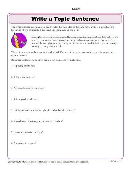 Write The Topic Sentence Writing Worksheet