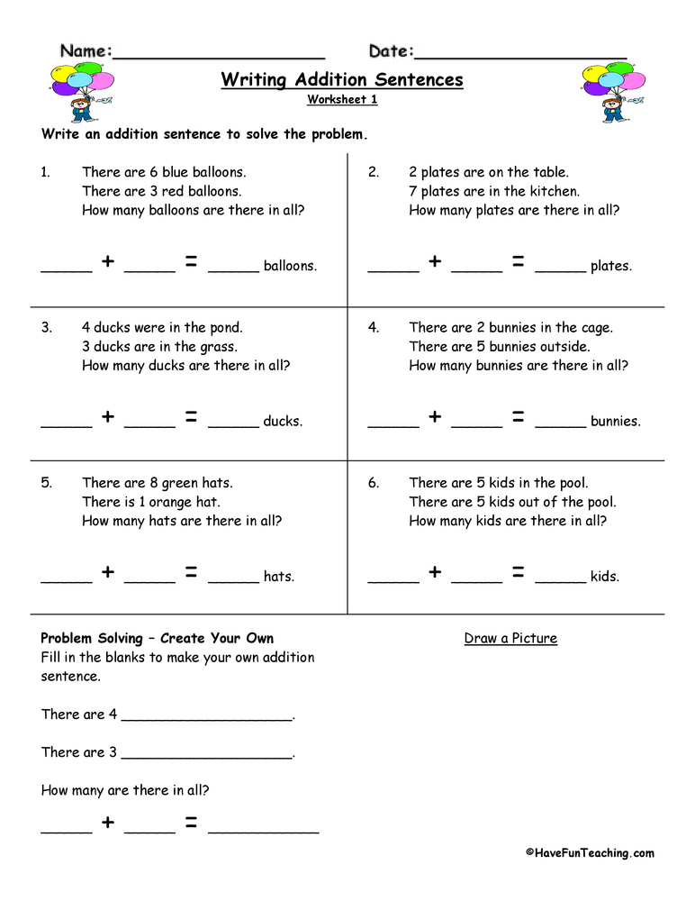 Writing Number Sentences Worksheets Writing Worksheets