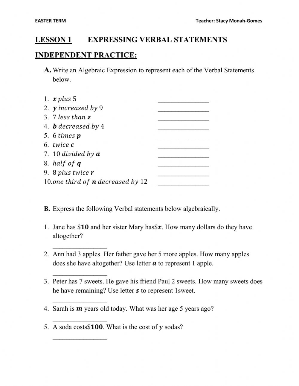 Writing Algebraic Expressions Worksheet | Writing Worksheets