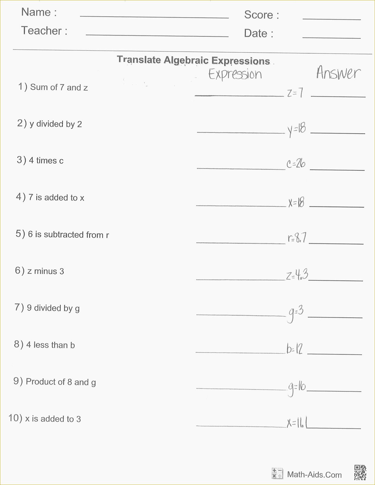Writing Algebraic Expressions Worksheet Pdf Briefencounters