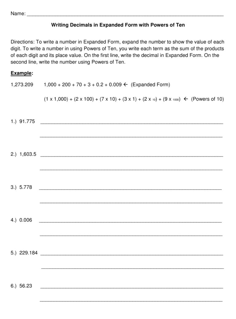 Writing Decimals In Expanded Form Worksheet | Writing Worksheets