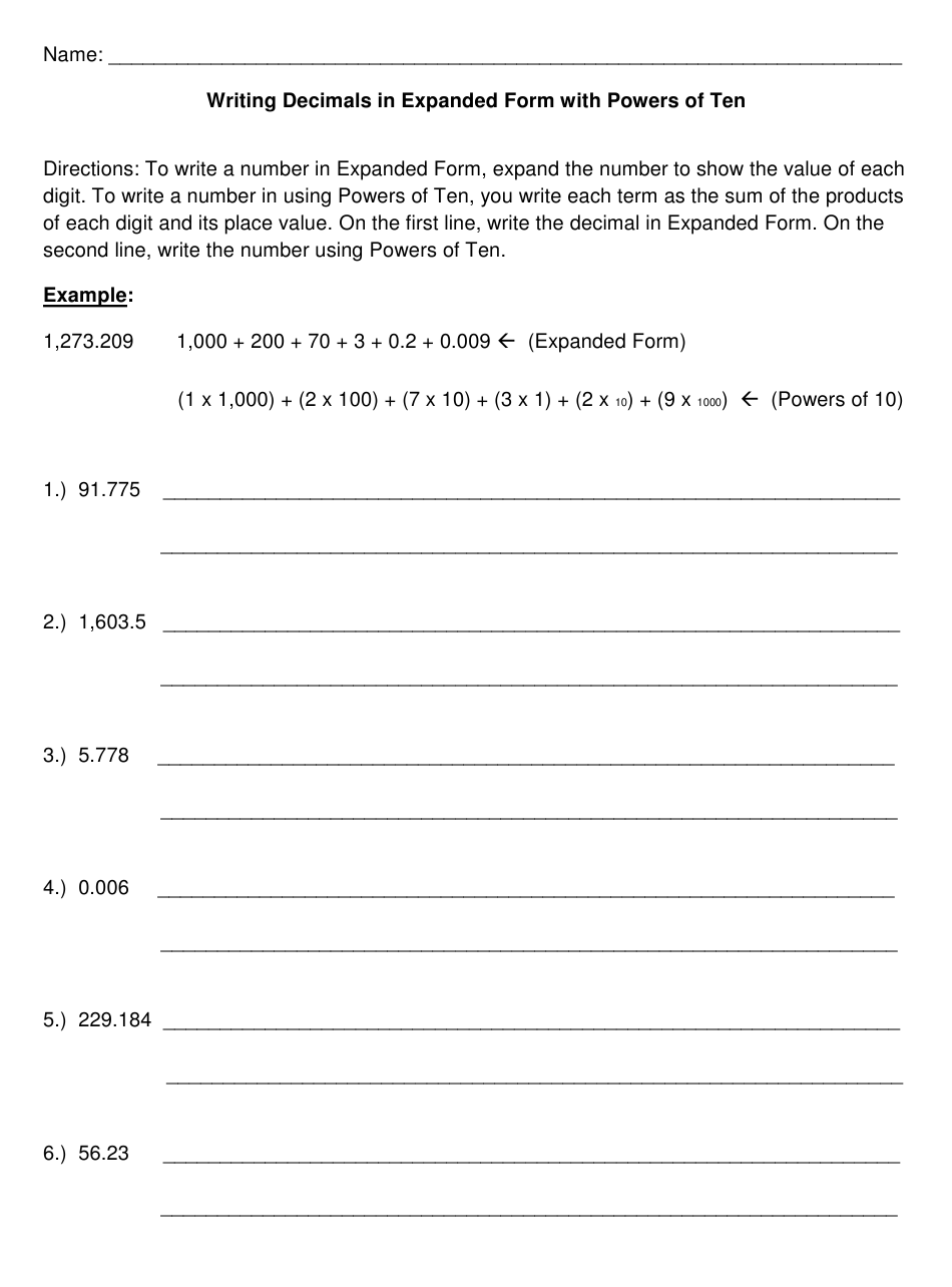 Writing Decimals In Expanded Form With Powers Of Ten Worksheet Download 