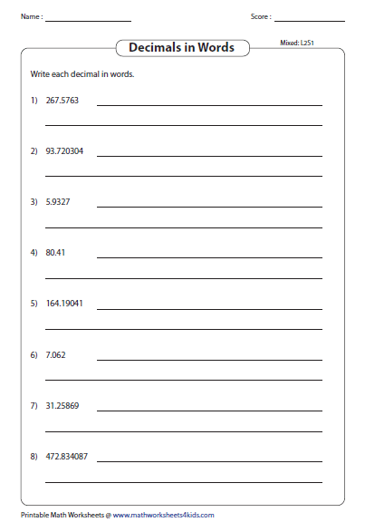 Writing Decimals In Word Form Worksheet Pike productoseb co