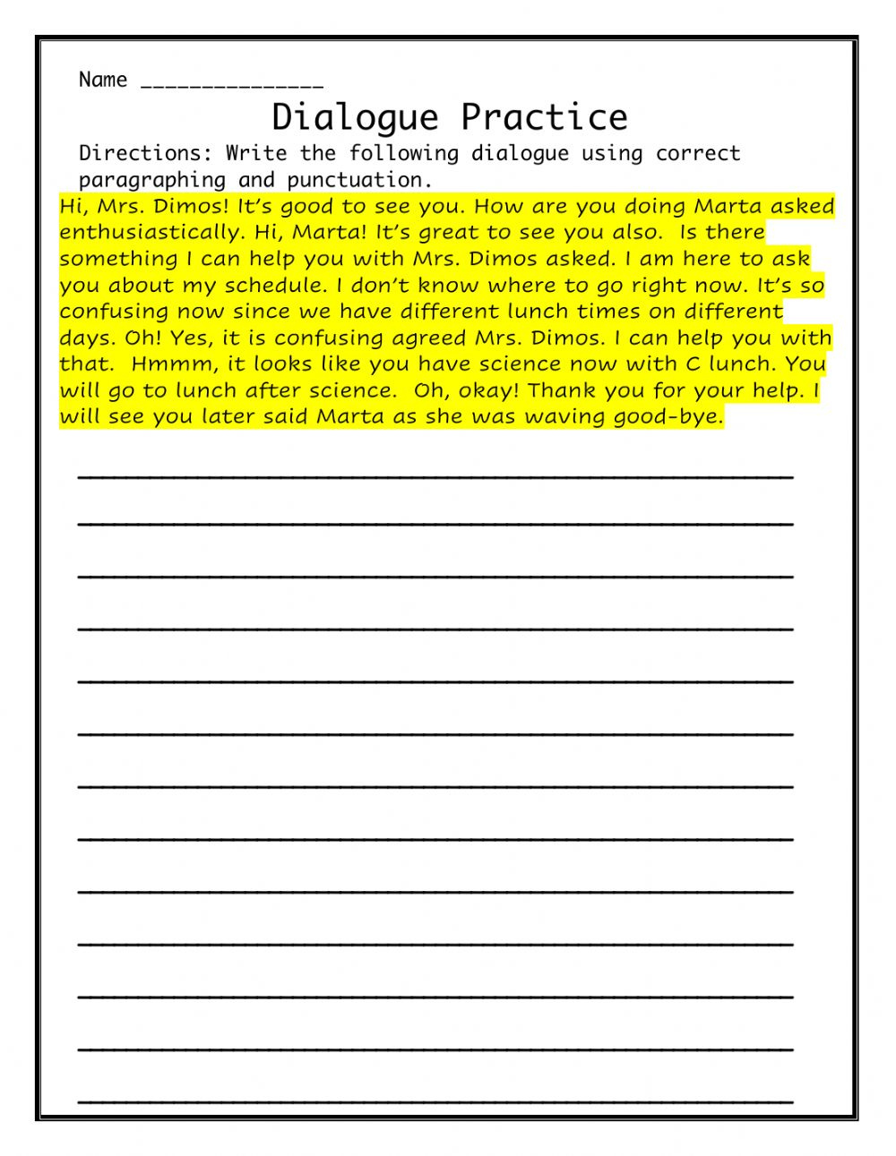 Writing Dialogue Worksheet