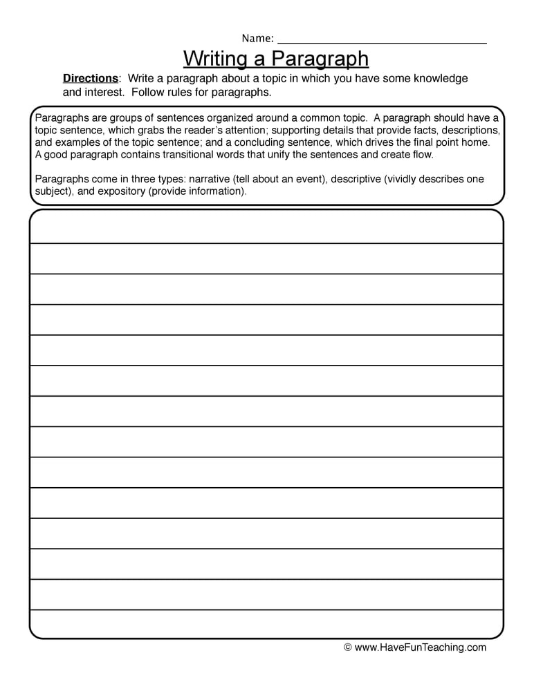 Writing A Paragraph Worksheet Writing Worksheets