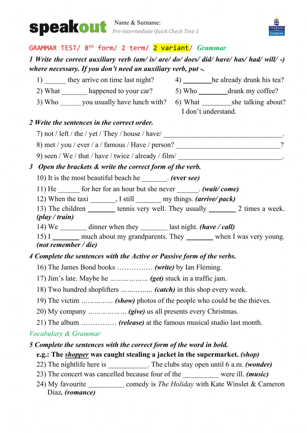 WRITING TEST Grade 8th 2 Term 2 Variant Worksheet